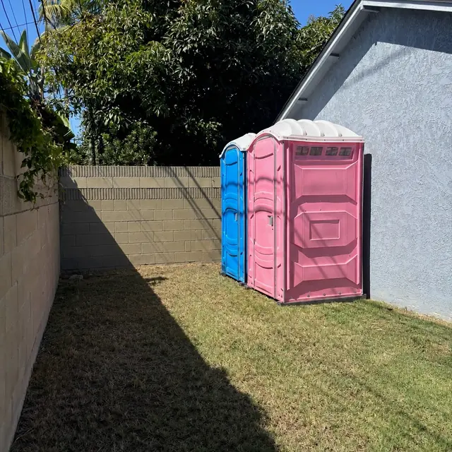Pink and blue portable toilets on a backyard lawn
