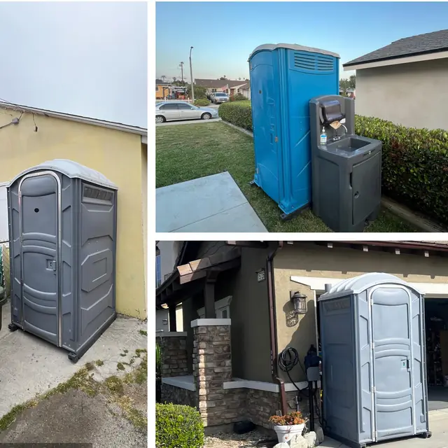 Three portable toilets placed at homes: driveway, lawn and beside a porch