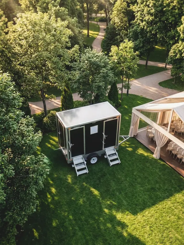 Aerial view of a restroom trailer set on green lawn near a garden wedding tent